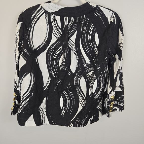 Grace Elements Black White Linen Style Jacket Size 4 Cropped Gold Buttons MOBWIF - Picture 6 of 7